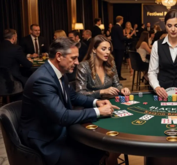 Stół blackjack z krupierem podczas eventu integracyjnego w Polsce