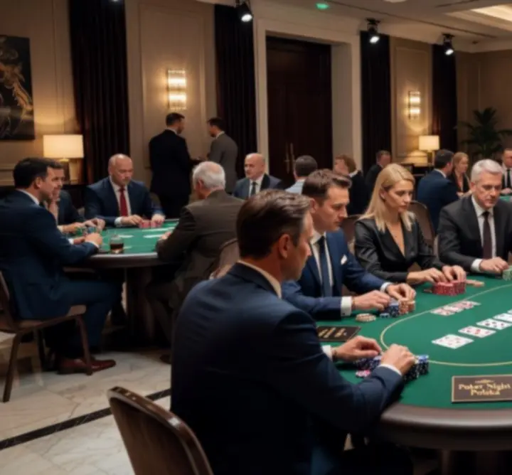 Elegancko przygotowana sala na wieczór pokerowy w stylu kasynowym